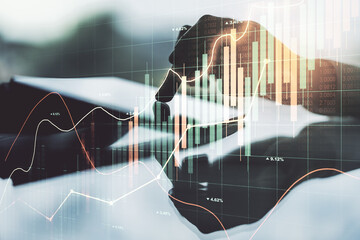 Poster - Abstract creative financial graph with finger clicks on a digital tablet on background, financial and trading concept. Multiexposure