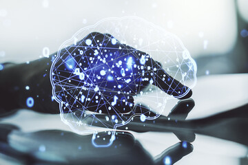 Poster - Double exposure of creative human brain microcircuit and hand working with a digital tablet on background. Future technology and AI concept