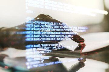Poster - Double exposure of abstract programming language hologram with finger clicks on a digital tablet on background, research and development concept