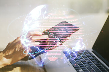 Poster - Double exposure of abstract digital world map with connections and hand working with a digital tablet on background, big data and blockchain concept