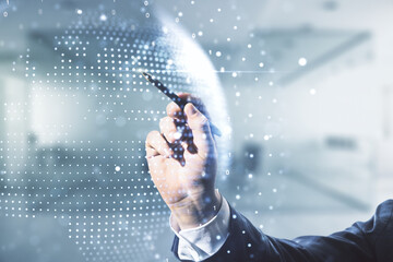 Aufkleber - Multi exposure of businessman hand with pen working with abstract creative digital world map hologram on blurred office background, research and analytics concept