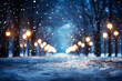 Abstract Texture. White snow falling in middle of road at night with yellow lights on the side along with trees blur background. a lot of snowfall and empty street Realistic clipart template pattern. 