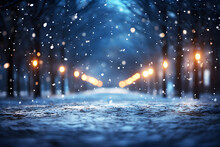 White Snow Falling In Middle Of Road At Night With Yellow Lights On The Side Along With Trees Blur Background. A Lot Of Snowfall And Empty Street Realistic Clipart Template Pattern. Abstract Texture.