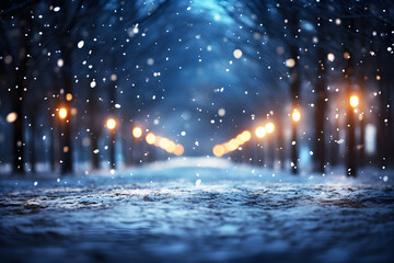 White snow falling in middle of road at night with yellow lights on the side along with trees blur background. a lot of snowfall and empty street Realistic clipart template pattern. Abstract Texture.