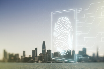 Aufkleber - Double exposure of virtual creative fingerprint hologram on San Francisco office buildings background, protection of personal information concept