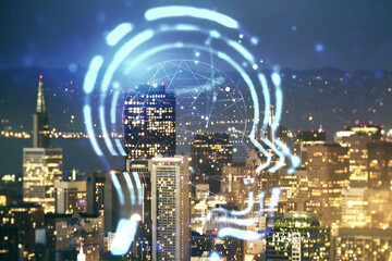 Poster - abstract virtual artificial intelligence concept with human head sketch on san francisco cityscape b