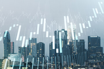 Poster - Abstract virtual financial graph hologram on Los Angeles cityscape background, financial and trading concept. Multiexposure