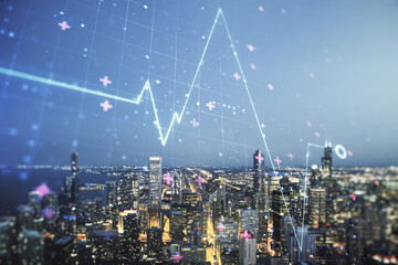 Poster - Abstract virtual heart rate sketch on Chicago office buildings background, Medicine and healthcare concept. Multiexposure