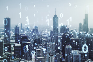 Aufkleber - Abstract virtual binary code illustration on Chicago skyline background. Big data and coding concept. Multiexposure