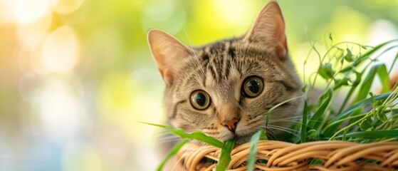 Wall Mural -  a close up of a cat sitting in a basket with a plant in it's mouth and looking at the camera.