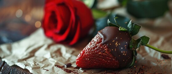 Sticker -  a chocolate covered strawberry sitting on top of a piece of paper next to a red rose on a piece of wax paper.