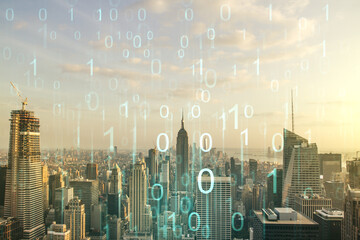 Aufkleber - Abstract virtual binary code hologram on New York cityscape background, AI and machine learning concept. Multiexposure