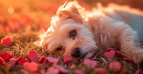 Canvas Print -  a small white dog laying on top of a field of grass next to a pile of red and pink hearts.