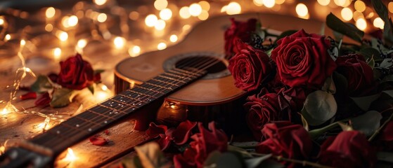 Sticker -  a guitar sitting on top of a wooden table next to a bouquet of red roses and a string of lights.