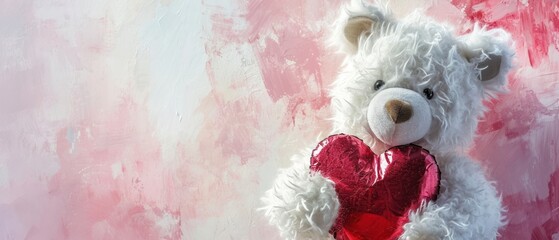 Sticker -  a white  bear holding a red heart on a pink and white background with a pink and red painting behind it.