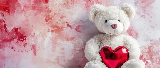 Wall Mural -  a white  bear holding a red heart in front of a pink and red wall with paint splatters. 