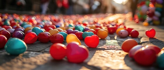 Sticker -  a bunch of heart shaped candies sitting on the ground in front of a group of other candies on the ground.