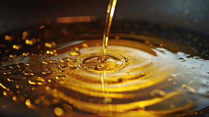 Oil being poured into a pan, depicts oil being poured into a cooking pan. Suitable for food blogs, recipe websites, cooking tutorials, and culinary-related designs.