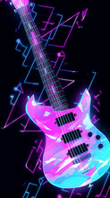 Cartoon Neon Style Guitar Surrounded By Musical Notes Illustration Material
