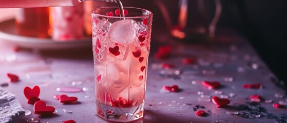 Wall Mural -  The image displays a table with multiple cups and plates, including two glasses of pink drinks. One glass is filled with an icy pink beverage that appears to have a few ice cubes in it.