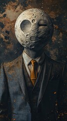 Wall Mural -  This is a painting of a man with a moon face. The artist has creatively drawn the man's head to look like a moon, making for an intriguing and unique visual. This painting showcases the artist'.