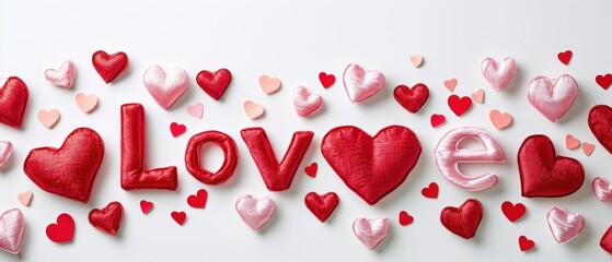 Wall Mural -  .The image is a close-up of red heart shaped cut outs, with the word love written using them. There are numerous hearts arranged in various positions, some overlapping others. 