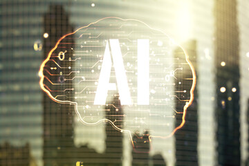 Poster - Virtual creative artificial Intelligence hologram with human brain sketch on modern architecture background. Double exposure
