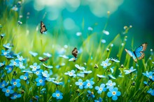 Compose A Serene And Enchanting Scene Of Wild Nature, Highlighting A Meadow With Blue Forget-me-not Flowers And The Graceful Fluttering Of Two Butterflies In A Beautiful Summer Or Spring Landscape.