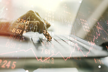 Poster - Double exposure of abstract creative statistics data hologram with hands typing on laptop on background, statistics and analytics concept