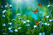 Compose A Serene And Enchanting Scene Of Wild Nature, Highlighting A Meadow With Blue Forget-me-not Flowers And The Graceful Fluttering Of Two Butterflies In A Beautiful Summer Or Spring Landscape.