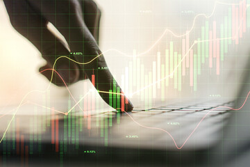 Poster - Multi exposure of abstract creative financial graph with hand typing on laptop on background, forex and investment concept