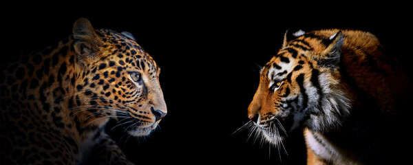 Wall Mural - Adult leopard and tiger portrait. Animal on dark background