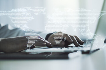 Poster - Multi exposure of abstract graphic world map and hands typing on computer keyboard on background, connection and communication concept