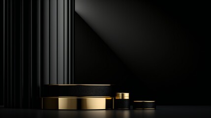 Minimal black scene with golden lines. Cylindrical gold and black podium on a black background. 3D stage for displaying a cosmetic product