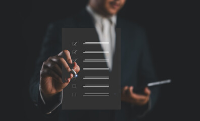 Poster - Document management system, DMS. Assessment form, questionnaire, checklist and clipboard task management. Businessman checklist and filling survey form online.