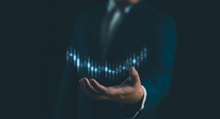 Aufkleber - Planning and strategy, Stock market, Business growth, Businessman or trader is showing a growing virtual hologram stock, invest in trading. progress or success concept.