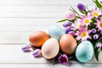  easter eggs and flowers on white wooden background