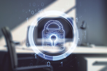 Poster - Creative lock sketch with chip hologram and modern desk with computer on background, protection of personal data concept. Multiexposure