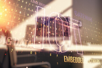 Aufkleber - Double exposure of creative IOT hologram and modern desktop with laptop on background, research and development concept