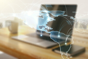 Poster - Double exposure of abstract digital world map with connections and modern desk with computer on background, big data and blockchain concept