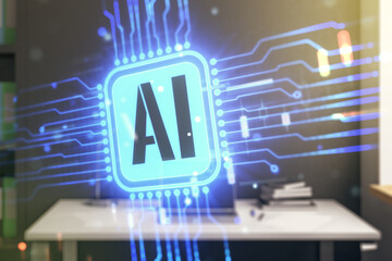 Aufkleber - Double exposure of creative artificial Intelligence icon and modern desktop with laptop on background. Neural networks and machine learning concept