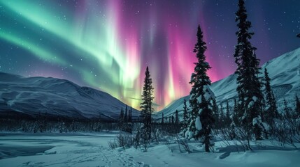 Wall Mural -  the aurora bore in the night sky over a snow covered field with trees and snow covered mountains in the background.