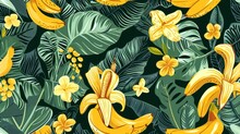  A Bunch Of Bananas Sitting On Top Of A Lush Green Leaf Covered Field With Flowers And Leaves In The Background.
