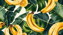  A Bunch Of Ripe Bananas Hanging From A Banana Tree Next To A Bunch Of Green Leafy Banana's.