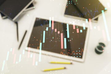 Aufkleber - Multi exposure of abstract creative financial chart and digital tablet on background, top view, research and analytics concept