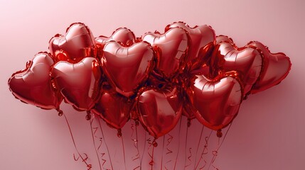 Red Metallic balloons arranged in a heart shape on pink background. Generative AI.