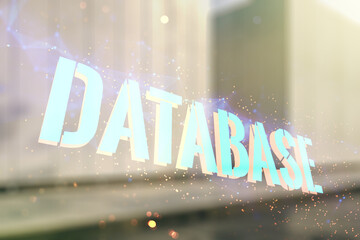 Aufkleber - Double exposure of Database word sign on blurry modern office building background, global research and analytics concept