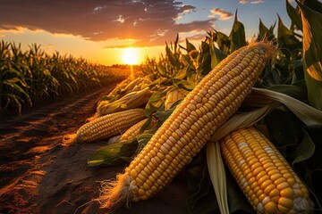 Poster - Ripe corn cobs on corn field background, corn sale concept, Generative AI