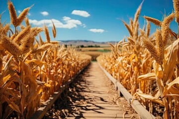 Poster - Large corn field with rows of planted corn, agricultural corn fields, Generative AI