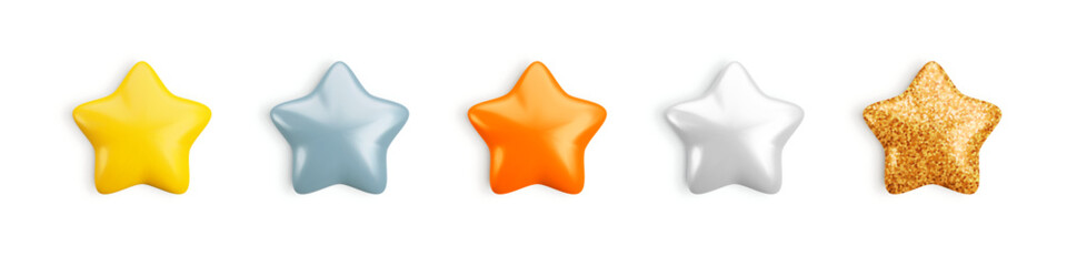 Wall Mural - vector 3d metallic stars icon set on white background. cute realistic gold, silver, bronze, glitter 